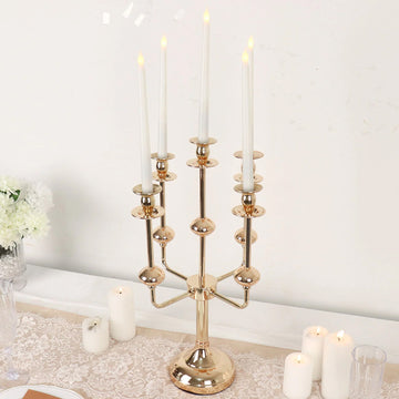 Gold Metal 5-Arm Candle Holder Candelabra Table Centerpiece, Taper Candle Stick Stand 20"