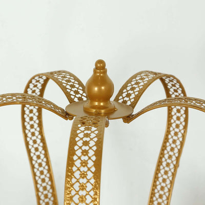 Gold decorative lamp with intricate lattice design and elegant finial.