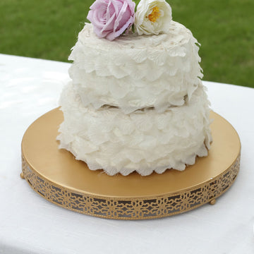 Gold Metal Fleur De Lis Round Pedestal Cake Stands, Cupcake Dessert Display Stand Table Centerpiece - 16"