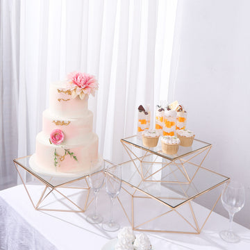 Stunning Gold Metal Cake Stand with Square Glass Top
