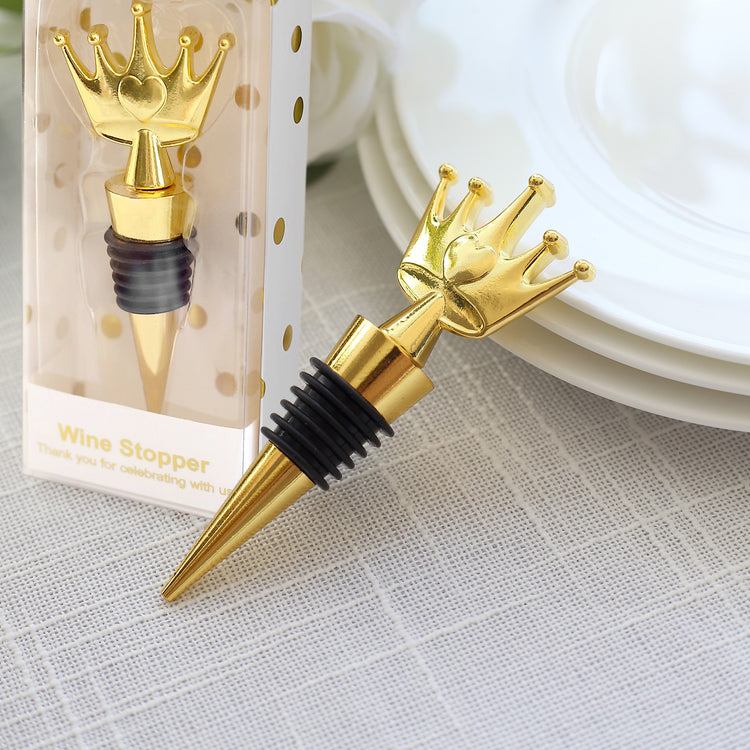 Gold Metal Princess Crown Wine Bottle Stopper Wedding Favor with Clear Gift Box, Thank You Tag