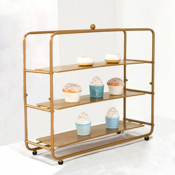 Gold Metal Square 3-Tier Cake Stand, Cupcake Tower, Dessert Holder 19"
