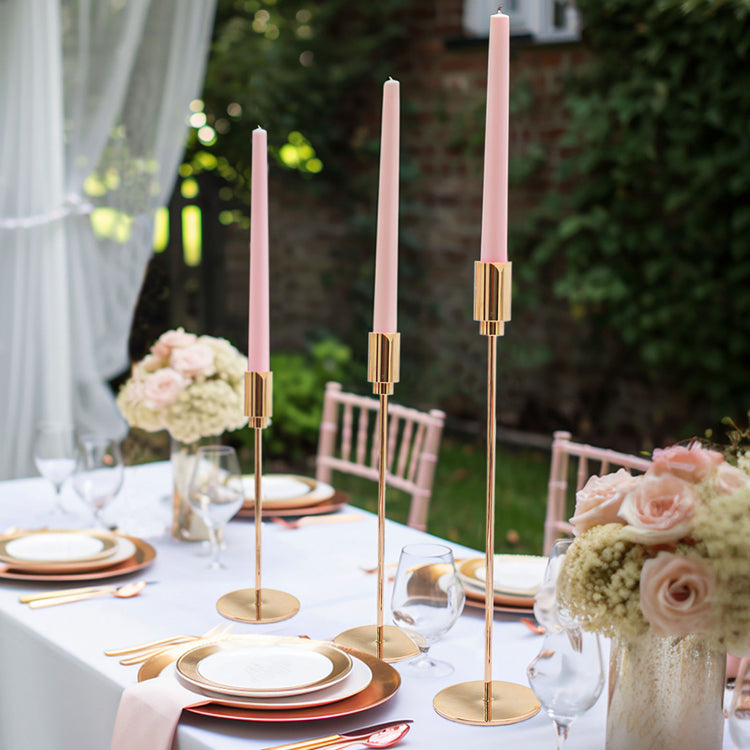 Set of 3 | Gold Metal Taper Candle Stands With Round Solid Base