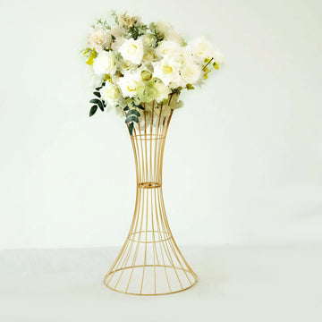 Gold Metal Wire Trumpet Shaped Flower Centerpiece Stand, Hourglass Open Frame Reversible Pedestal Prop 24" Tall