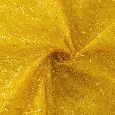 Shiny yellow fabric with metallic strands in a swirling pattern.