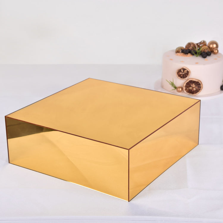 14 Inch x 14 Inch Gold Acrylic Pedestal Riser Mirror Finish Display Cake Box Stand with Hollow Botto