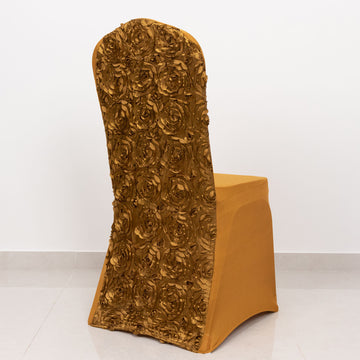 Transform Your Event with Gold Satin Rosette Spandex Chair Covers