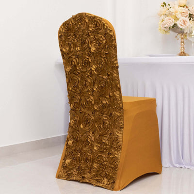 Elegant gold chair cover with rose detailing, perfect for events.