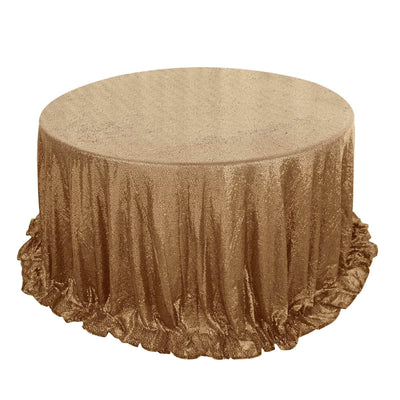 Gold sequin tablecloth for round tables, perfect for events and parties.