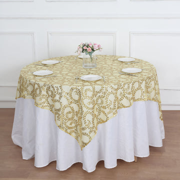 Gold Sequin Leaf Embroidered Seamless Tulle Table Overlay, Square Sheer Table Topper 72"x72"