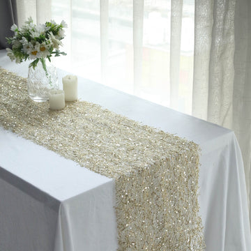 12"x108" Gold Sequin Mesh Schiffli Lace Table Runner, Sparkly Party Table Decoration