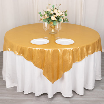 Gold Shimmer Sequin Dots Square Polyester Table Overlay, Wrinkle Free Sparkle Glitter Table Topper 72"x72"