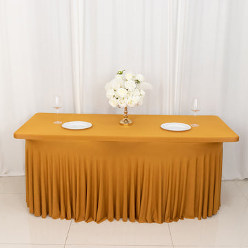 Gold Wavy Spandex Fitted Rectangle 1-Piece Tablecloth Table Skirt, Stretchy Table Skirt Cover with Ruffles 6ft