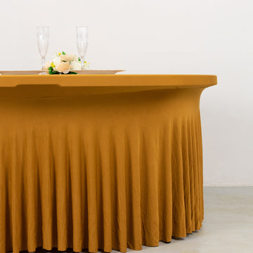 Gold Wavy Spandex Fitted Round 1-Piece Tablecloth Table Skirt, Stretchy Table Cover with Ruffles - 6ft