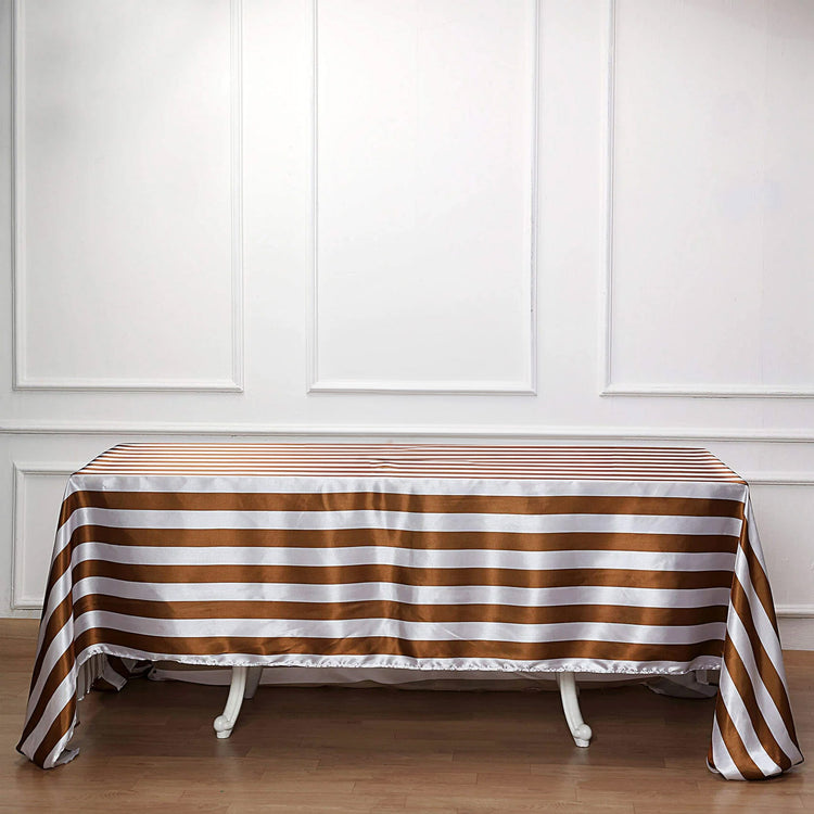 White & Gold Seamless Stripe Satin Rectangle Tablecloth 90 Inch x 156 Inch
