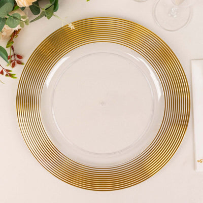 Gold rimmed charger plate on a table setting.