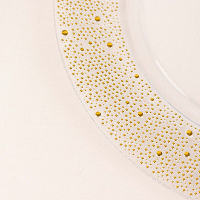 Clear plate with gold polka dots design.