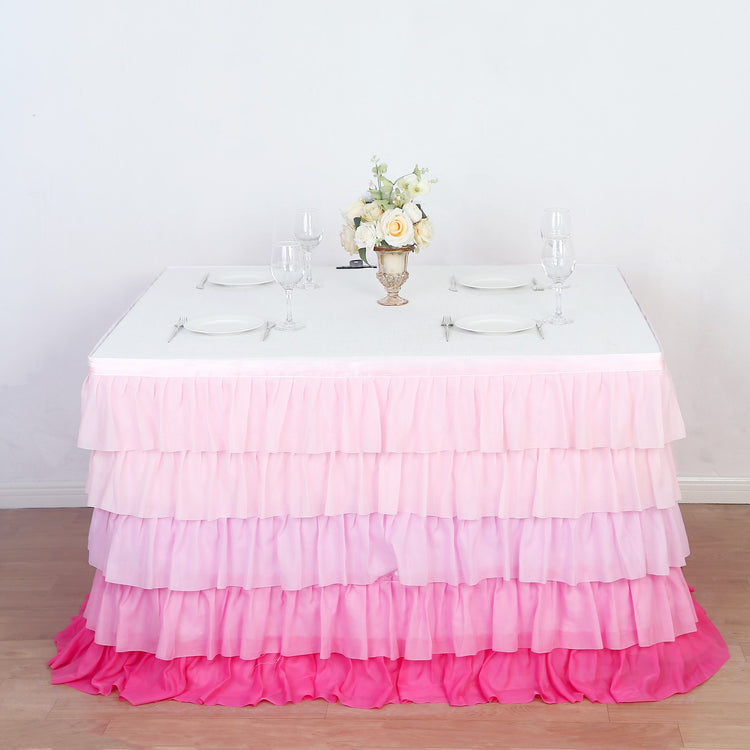 14ft Gradient Pink Chiffon Ruffled Tutu Table Skirt with Satin Backing, 5-Tier Ombre