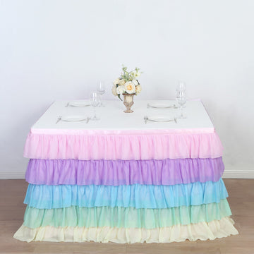 14ft Gradient Unicorn Themed Chiffon Ruffled Tutu Table Skirt with Satin Backing, 5-Tier Rainbow Table Skirting