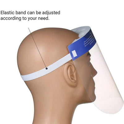 Adjustable elastic band face shield on mannequin head