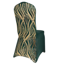 Hunter Emerald Green Gold Spandex Stretch Banquet Chair Cover With Wave Embroidered Sequins#whtbkgd