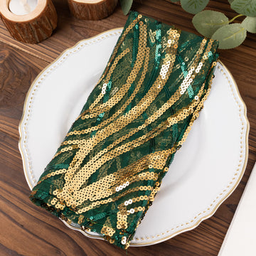 Hunter Emerald Green Gold Wave Embroidered Sequin Mesh Dinner Napkin, Reusable Decorative Napkin - 20"x20"