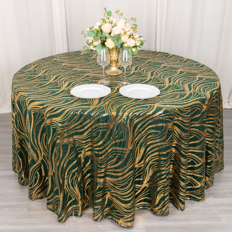 120inch Hunter Emerald Green Gold Wave Mesh Round Tablecloth With Embroidered Sequins