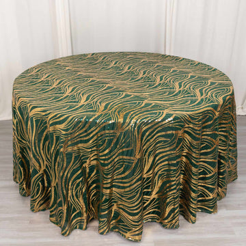 Hunter Emerald Green Gold Wave Mesh Round Tablecloth With Embroidered Sequins 120" for 5 Foot Table With Floor-Length Drop