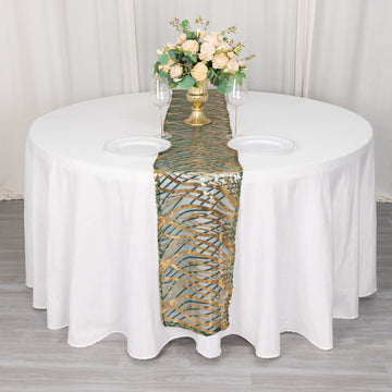 Elevate Your Table Setting with the Hunter Emerald Green Gold Wave Mesh Table Runner