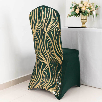 Elegant green chair cover with gold sequined pattern.