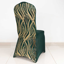 Hunter Emerald Green Gold Spandex Stretch Banquet Chair Cover With Wave Embroidered Sequins