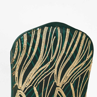 Green chair with gold sequin leaf pattern on backrest.
