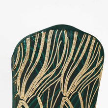 Hunter Emerald Green Gold Spandex Stretch Banquet Chair Cover With Wave Embroidered Sequins