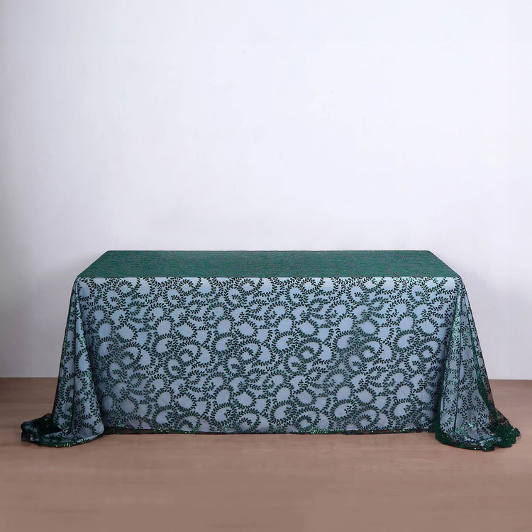90x156inch Hunter Emerald Green Sequin Leaf Embroidered Tulle Rectangular Tablecloth