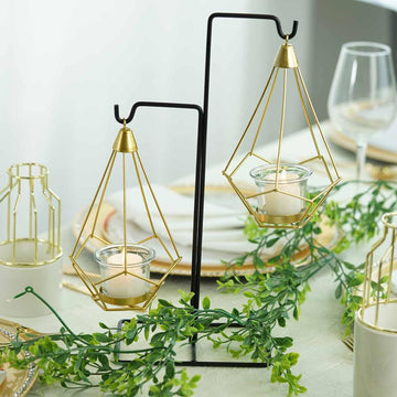 Elegant Gold Hanging Geometric Tealight Candle Holders with 14" Tall Black Iron Stand - Set of 2