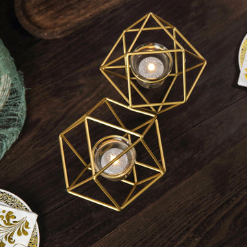 Stylish Gold Linked Geometric Candle Holder Set