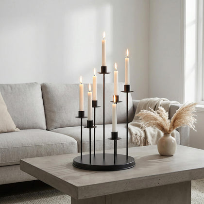 Black Metal 7-Arm Taper Candle Holder Centerpiece 15" Round Wedding Table Candelabra - Cluster Design