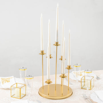 Add Elegance to Your Event with the Gold 7-Arm Metal Cluster Taper Candle Holder Centerpiece