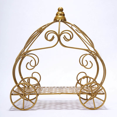 Gold wire carriage display stand with ornate design and wheels