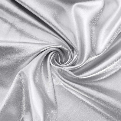 Silky silver fabric with a smooth texture and subtle shimmer.
