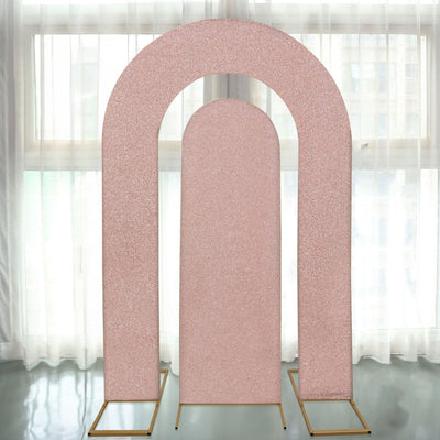 Pink glitter arch backdrop with gold frames for events and photo shoots.