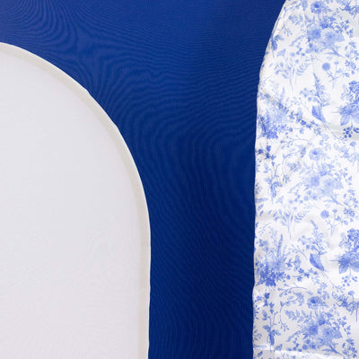 Floral and solid blue fabric swatches for sewing projects