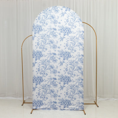 Decorative floral backdrop with blue and white pattern on a gold stand.