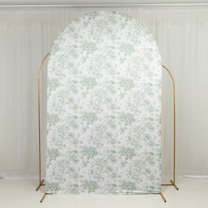 Spandex Fitted Chiara Backdrop Cover – French Toile Floral in Dusty Sage Green & White, Round Top Wedding Arch Slipcover 8ft