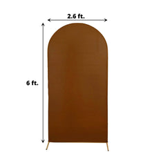 Brown Spandex Round Top Arch Covers with measurements of 2.6 ft and 6 ft, fitted backdrop covers