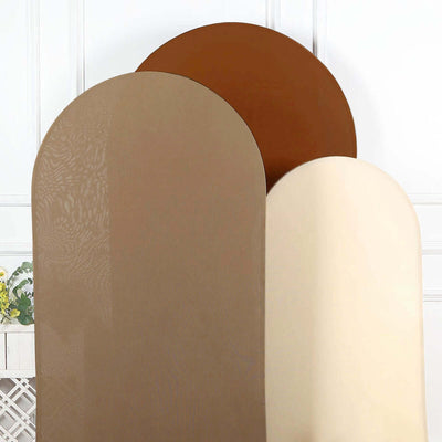 Three curved wall panels in beige, brown, and cream colors.