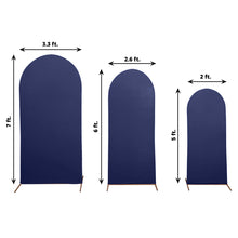 Three different sizes of Spandex arch covers in Matte Navy Blue color