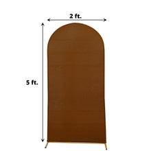 A Cinnamon Brown Spandex Round Top Arch Cover with measurements of 2 ft and 5 ft