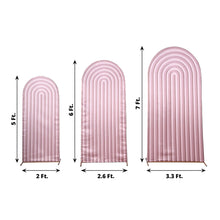 Three different sizes of Dusty Rose Satin Ripple Pattern arch covers