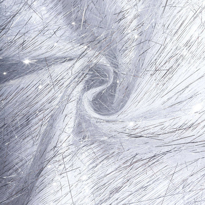 Sparkling silver fabric with shimmering threads and a swirling pattern.